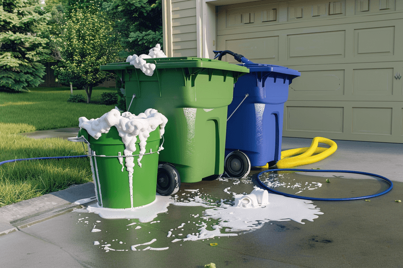 Trash bins covered in soap suds during cleaning