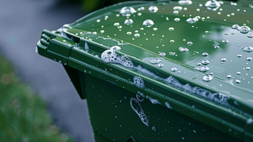 Close-up of clean green trash bin with water droplets